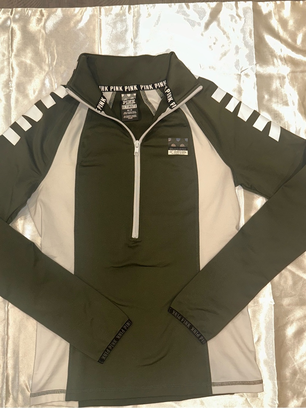 PINK Victoria's Secret Olive Green & White Zip-Up Athletic Top